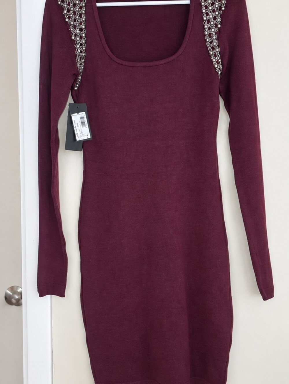 Marciano Long Sleeve Scoop Neck Burgundy Knit Dress with Jeweled Shoulders